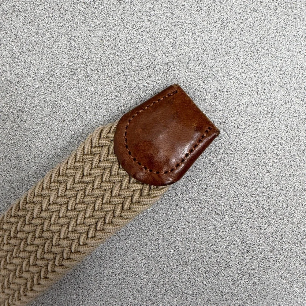 Tommy Bahama Elastic Belt Mens S/M Tan Silver Buckle Brown Leather Stretch 1.25